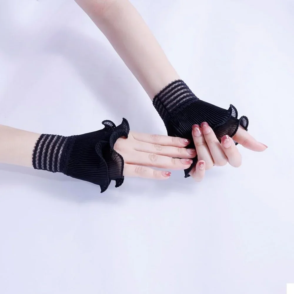 Women's Flared Sleeves Black Elastic Bracelet Wrist Cuffs Gloves Wedding Party
